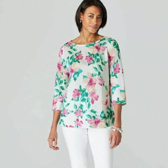 J Jill Floral Linen Blend Sweater Pink Green Size Large 3/4 Sleeve Flowy - Picture 1 of 8